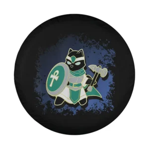 Cartoon black cat cleric with ankh shield and warhammer fantasy tire cover art