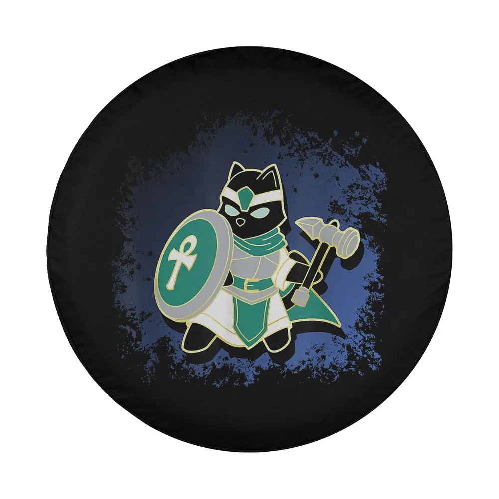 Cartoon black cat cleric with ankh shield and warhammer fantasy tire cover art