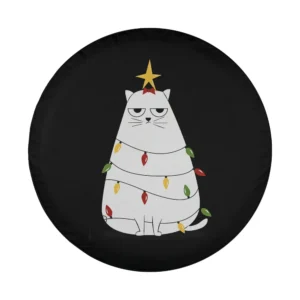 Cartoon annoyed cat as Christmas tree with lights funny spare tire cover design