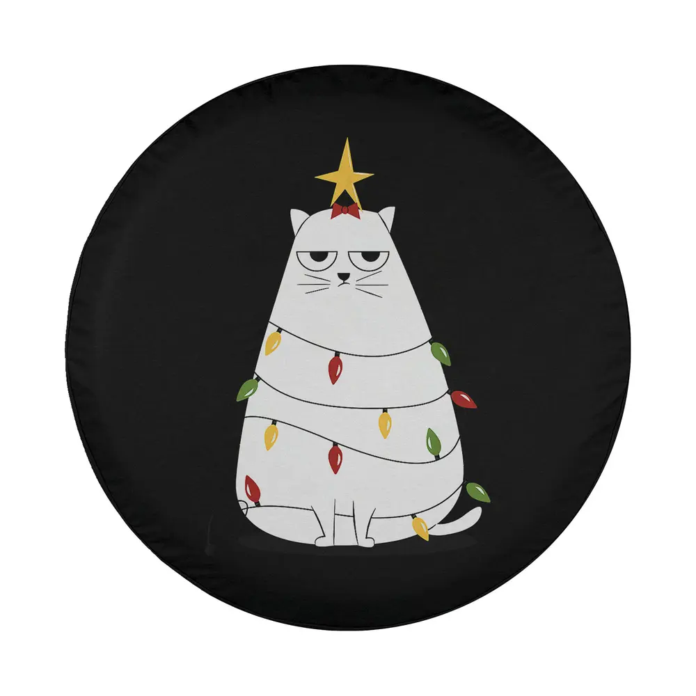 Cartoon annoyed cat as Christmas tree with lights funny spare tire cover design