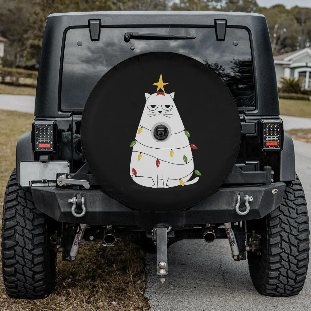 Annoyed Christmas cat with lights and star funny spare tire cover with camera hole