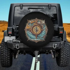 antique compass and ocean waves design ford bronco sport spare tire cover no camera hole