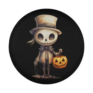 Antique trick or treating skeleton holding pumpkin vintage Halloween design for spare tire cover