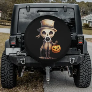 Antique trick or treating skeleton vintage Halloween spare tire cover with camera hole