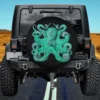 Aqua green tentacles vintage kraken octopus spare tire cover on Jeep with no camera hole