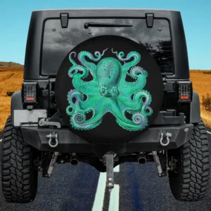 Aqua green tentacles vintage kraken octopus spare tire cover on Jeep with no camera hole