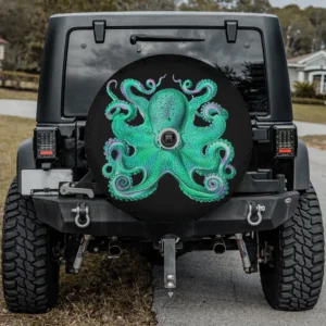 Aqua green tentacles vintage kraken octopus spare tire cover with backup camera hole for Jeep