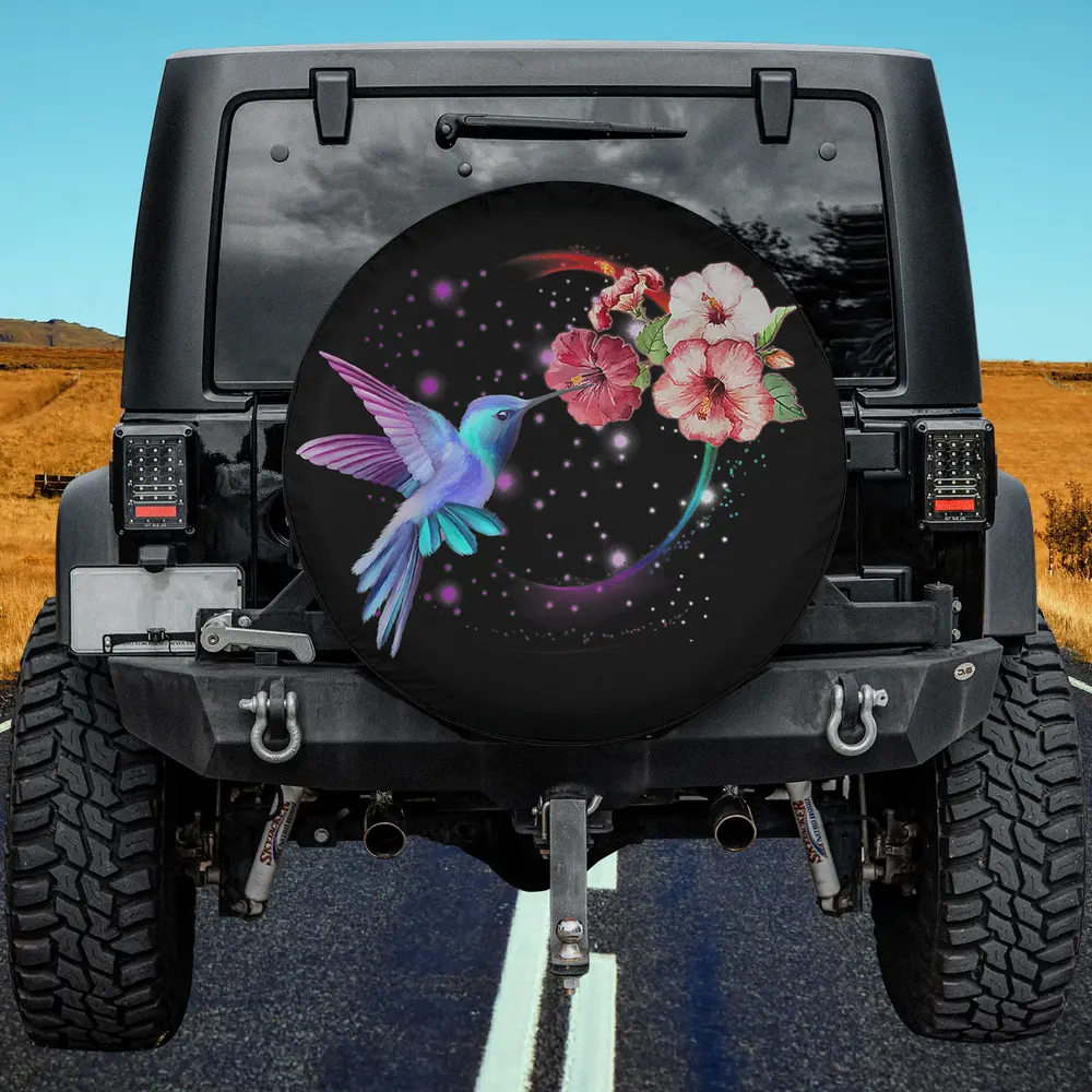 aqua hummingbird and pink hibiscus floral womens spare tire cover for Jeep SUV RV
