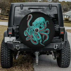 Aqua kraken octopus spare tire cover with camera hole for Jeep SUV RV
