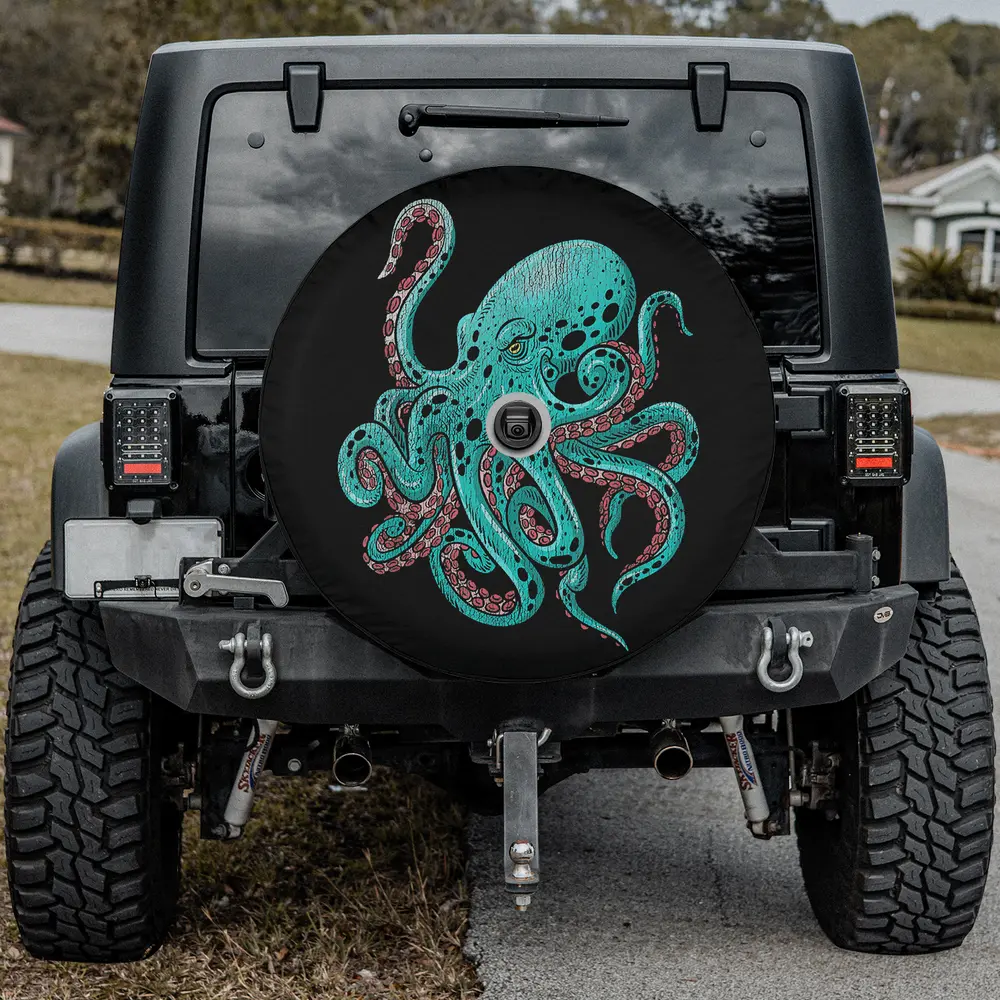 Aqua kraken octopus spare tire cover with camera hole for Jeep SUV RV