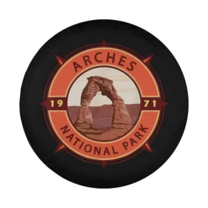 retro compass emblem with Delicate Arch for arches national park spare tire cover design only