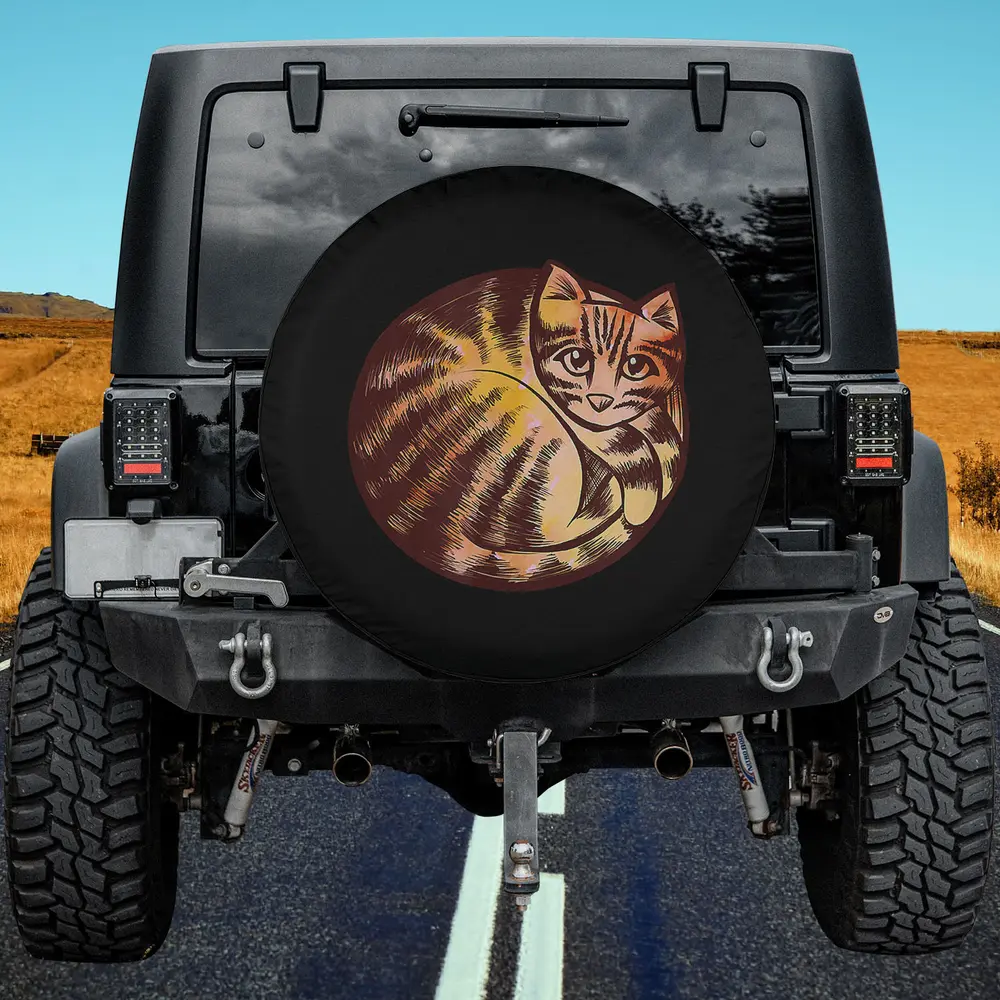 Artistic fire curled up cat red orange tabby cat spare tire cover no camera hole