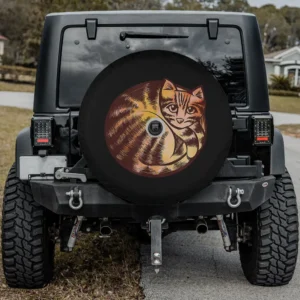 Artistic fire curled up cat red orange tabby cat spare tire cover with camera hole