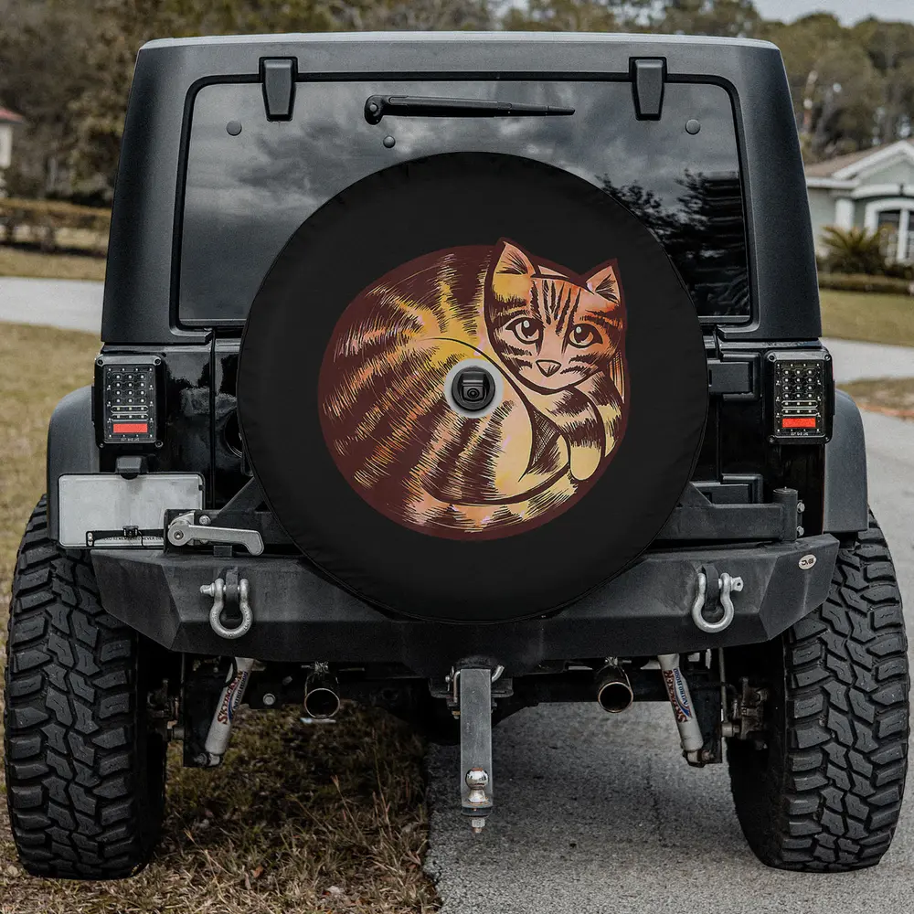 Artistic fire curled up cat red orange tabby cat spare tire cover with camera hole