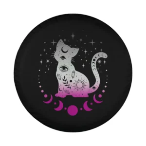 Celestial cat with asexual pride flag colors, moons, stars, and crystals
