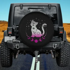 Asexual pride flag astronomy cat spare tire cover with celestial moons and stars, no camera hole