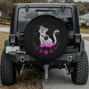 Asexual pride flag astronomy cat spare tire cover with celestial moons and stars, with camera hole