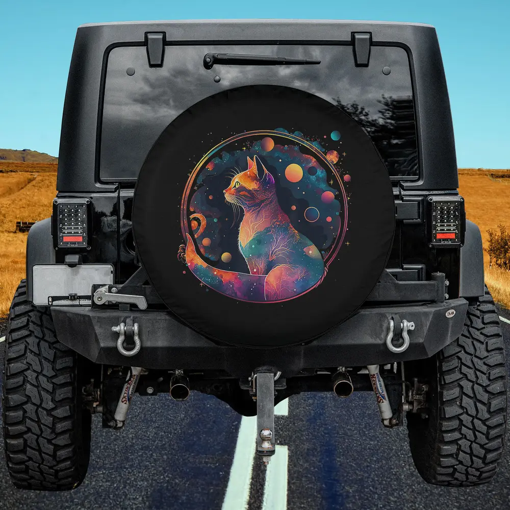 Astronaut cat with galaxy planets space cat spare tire cover for Jeep SUV RV