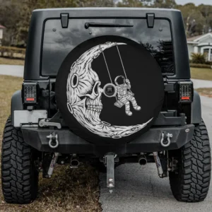 Astronaut swinging on crescent moon skull Halloween spare tire cover with camera hole