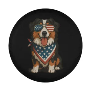 Patriotic Australian Shepherd dog cartoon with flag sunglasses and bandana