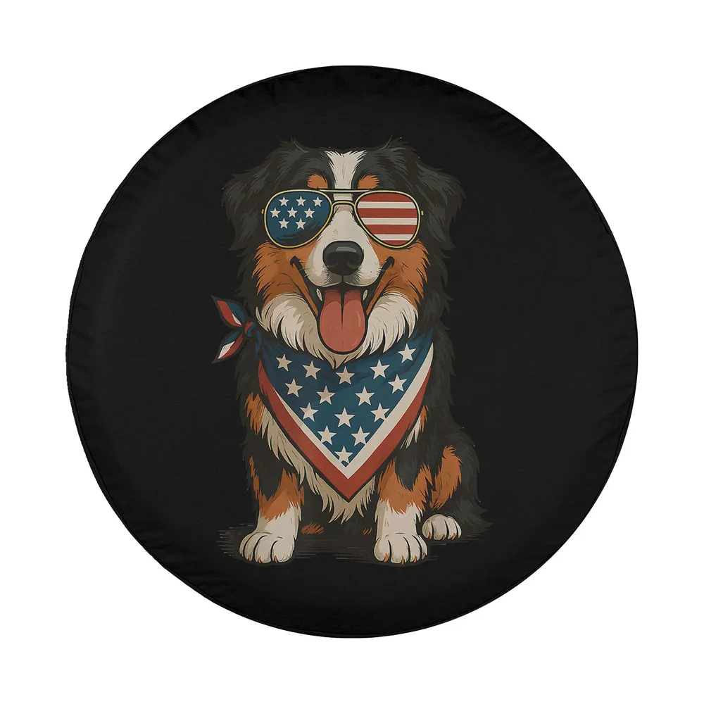 Patriotic Australian Shepherd dog cartoon with flag sunglasses and bandana