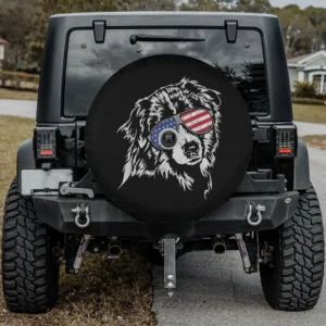 Australian Shepherd dog with American flag sunglasses spare tire cover, with backup camera hole