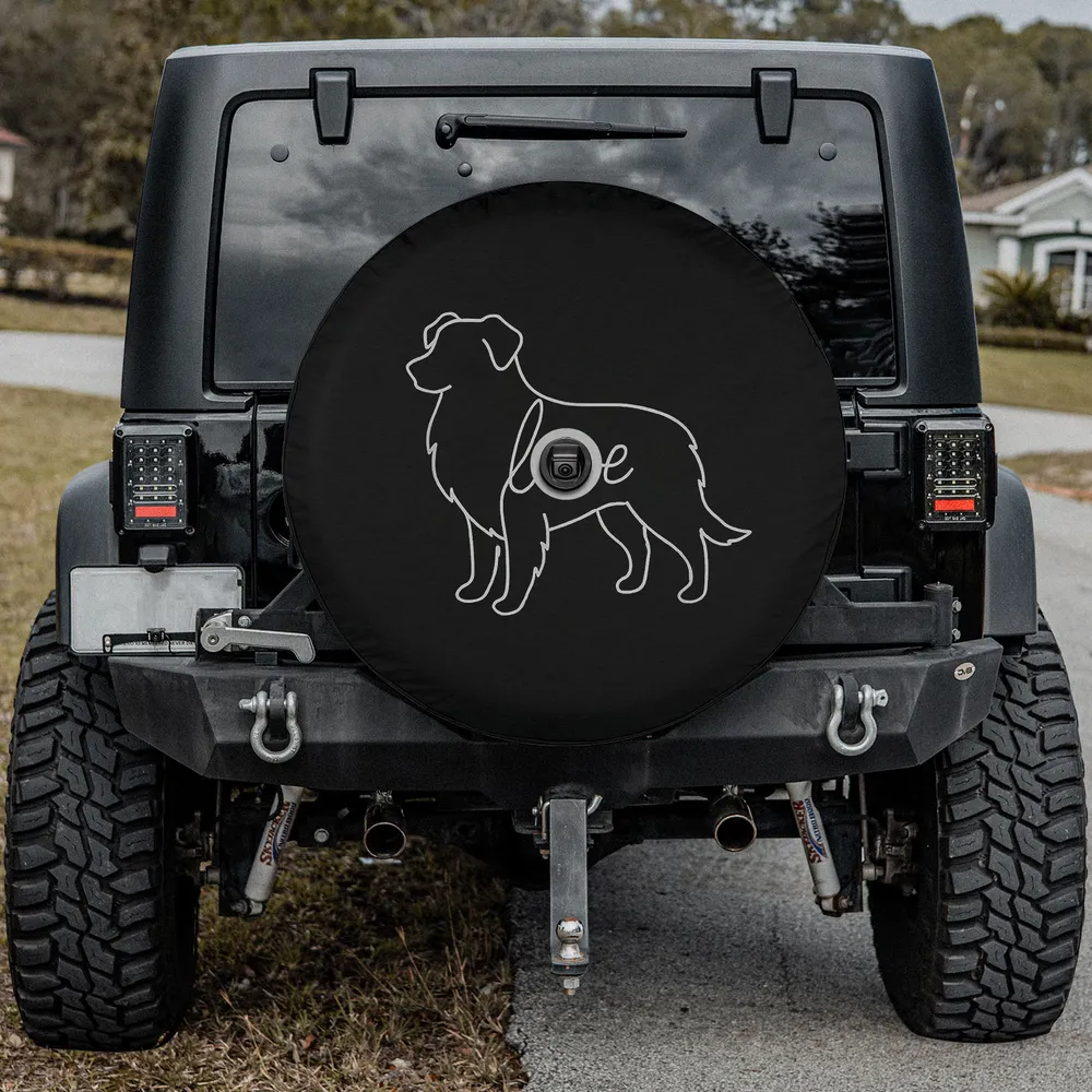 Australian shepherd love line art dog spare tire cover with backup camera hole for Jeep and SUV