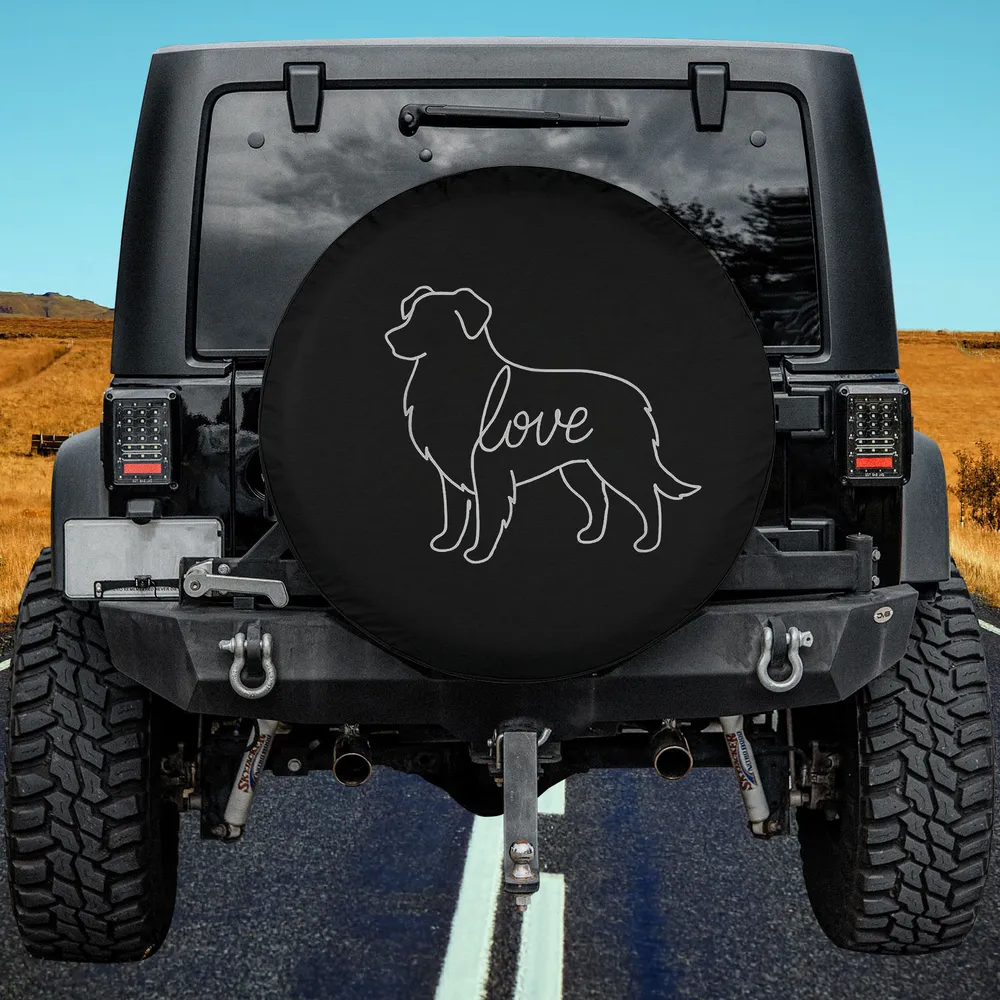 Australian shepherd love line art dog spare tire cover with minimalist outline and love script on black background