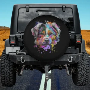 colorful splash art australian shepherd dog spare tire cover with vivid paint splashes on black background