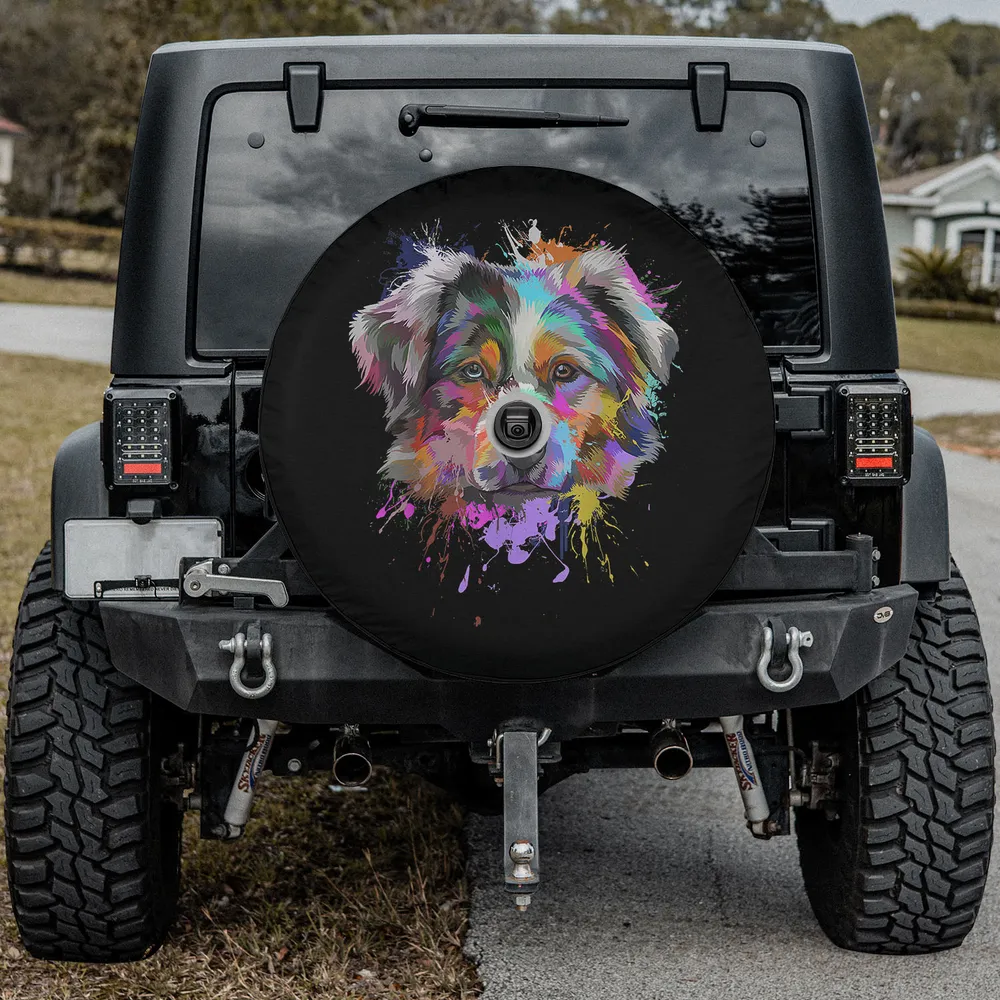 australian shepherd splash art dog spare tire cover with backup camera hole, rainbow colors