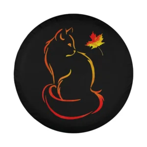 Minimalist cat outline with maple leaf fall design on spare tire cover