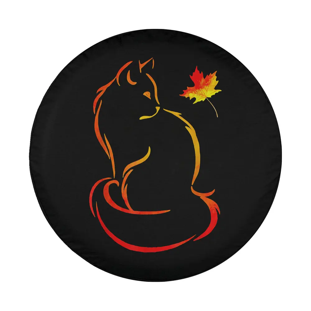 Minimalist cat outline with maple leaf fall design on spare tire cover
