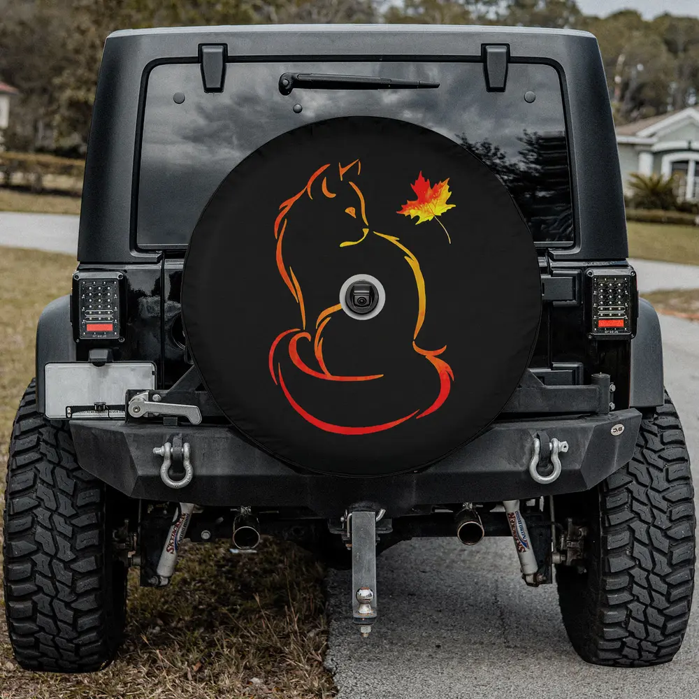 Autumn cat outline maple leaf spare tire cover with backup camera hole option
