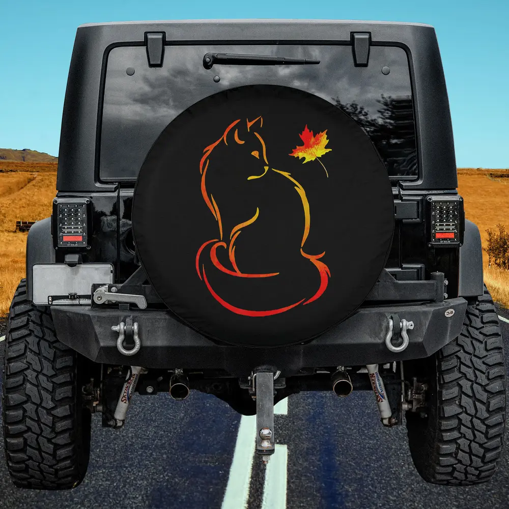 Autumn cat outline maple leaf spare tire cover with no camera hole for Jeep