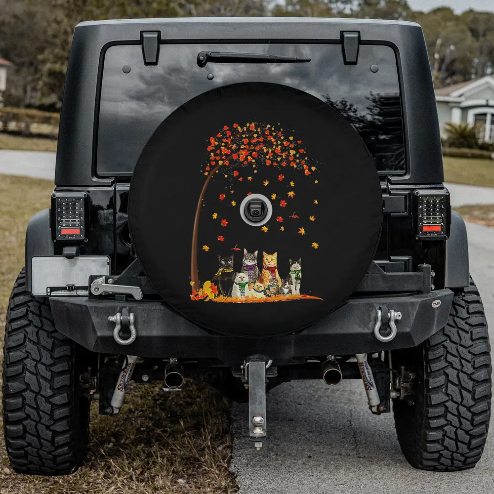 Autumn leaf tree scarf cats cat spare tire cover with backup camera hole for Jeep SUV RV