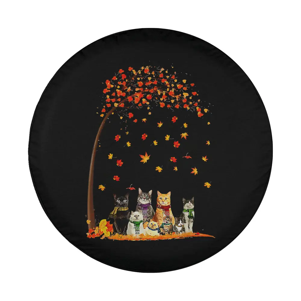 Whimsical autumn leaf tree scarf cats fall design cat spare tire cover art
