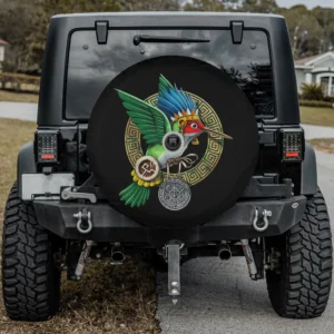 Aztec god Huitzilopochtli medallion hummingbird spare tire cover with camera hole