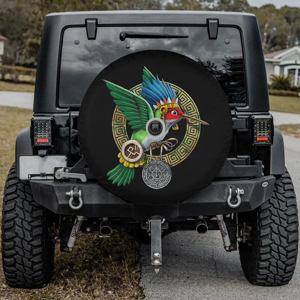 Aztec god Huitzilopochtli medallion hummingbird spare tire cover with camera hole