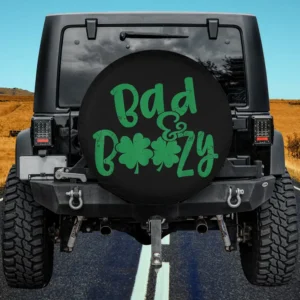 Bad Boozy Shamrock Green Text St Patricks Day Spare Tire Cover no camera hole