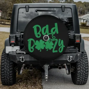 Bad Boozy Shamrock Green Text St Patricks Day Spare Tire Cover with camera hole