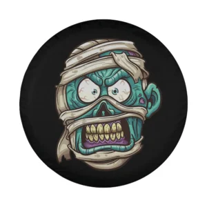 Cartoon bandaged zombie face with scary teeth on Halloween tire cover design