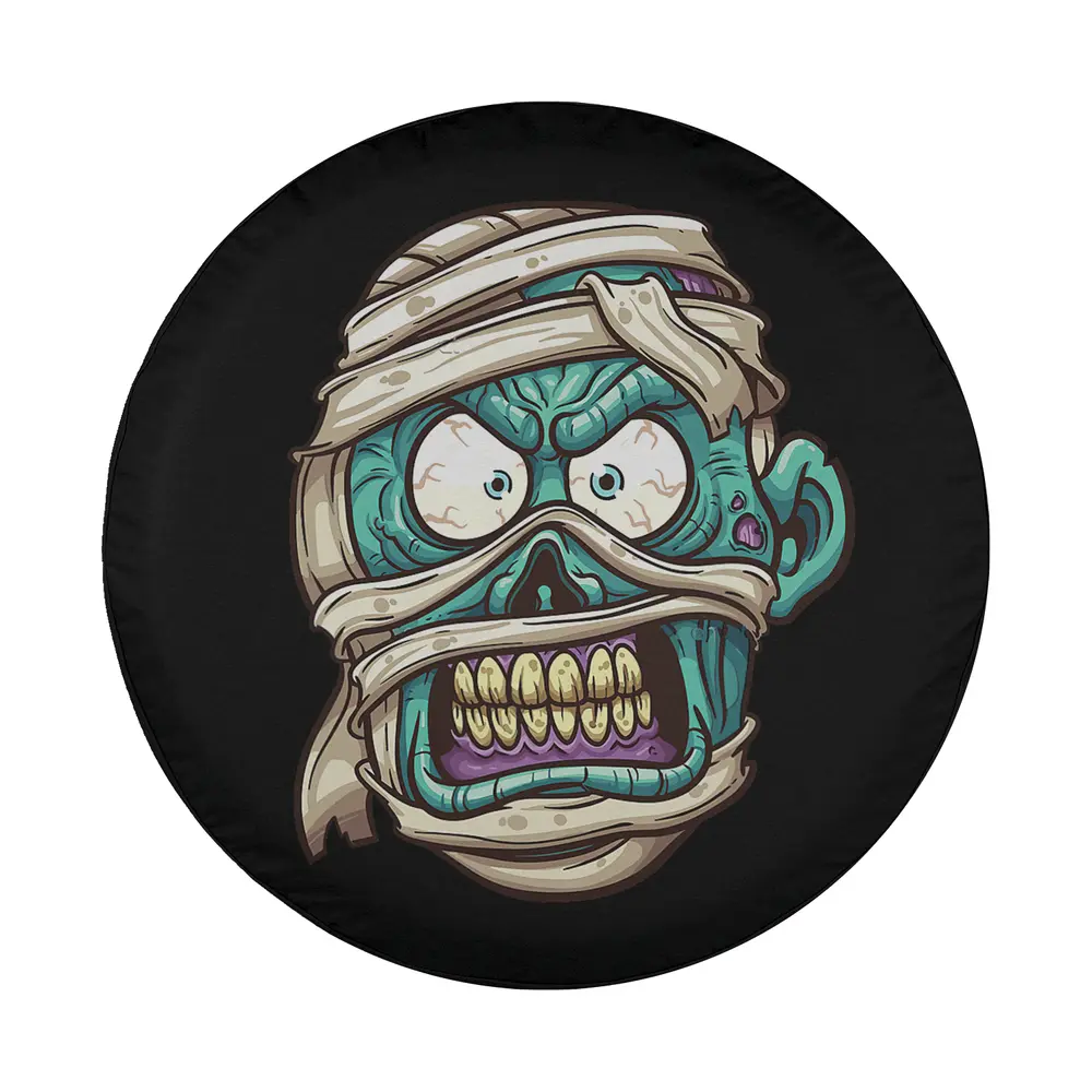 Cartoon bandaged zombie face with scary teeth on Halloween tire cover design
