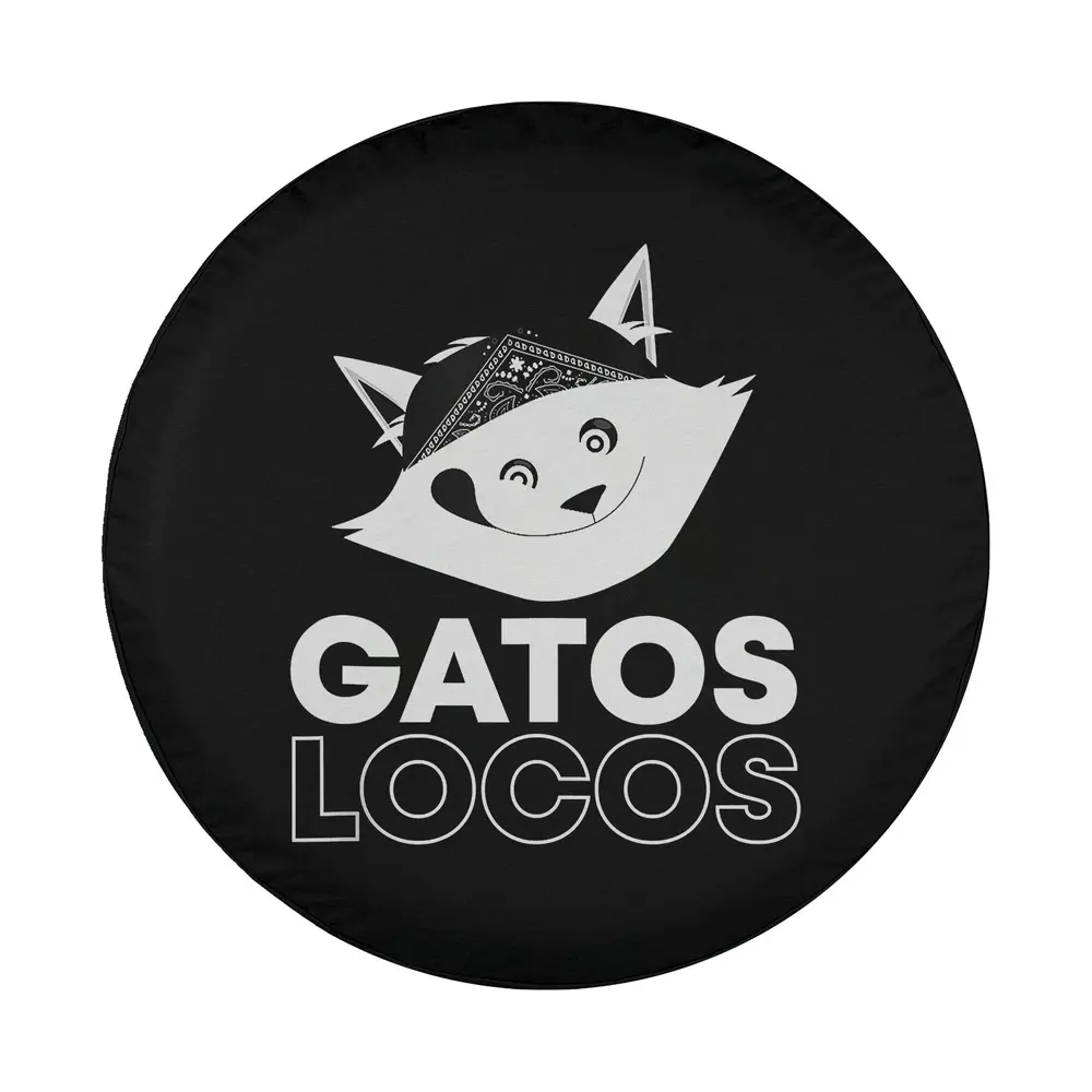Bandana kitty face Gatos Locos funny Latina cat tire cover design closeup