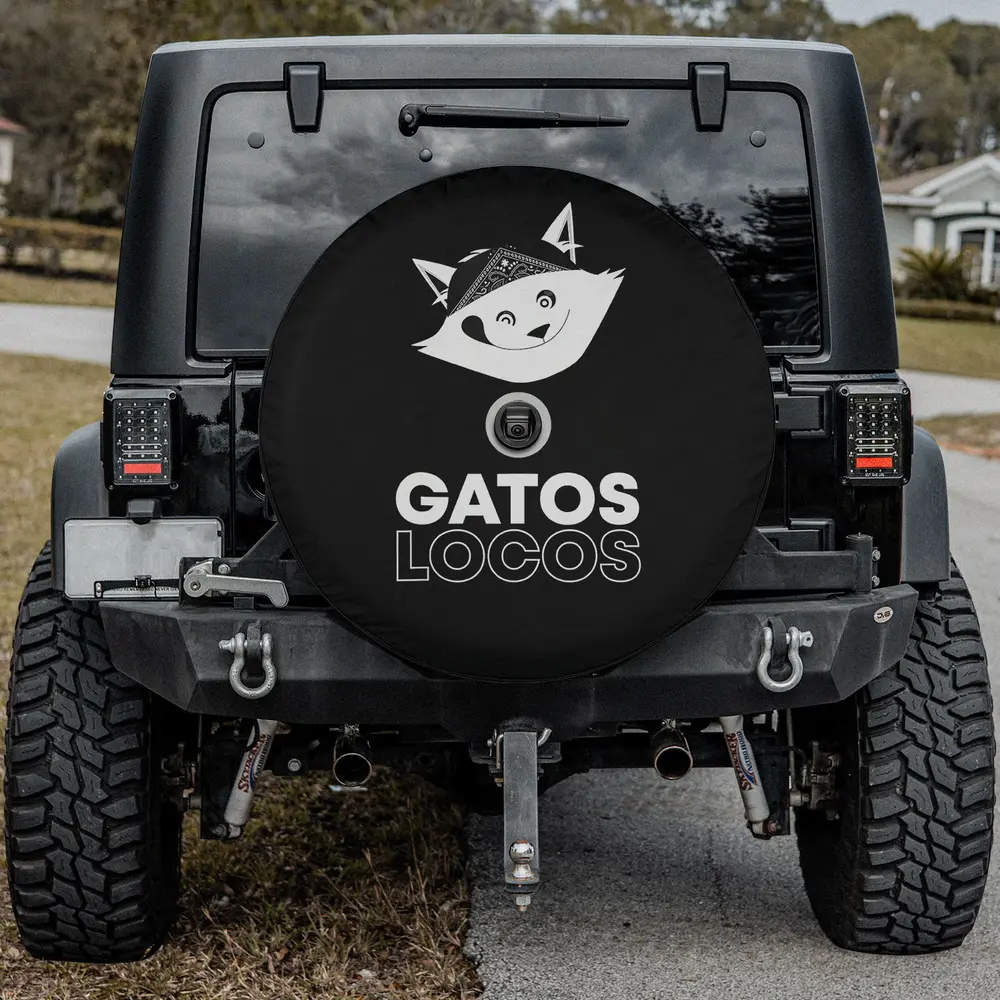 Bandana kitty face Gatos Locos funny Latina cat spare tire cover with backup camera hole for Jeep SUV RV
