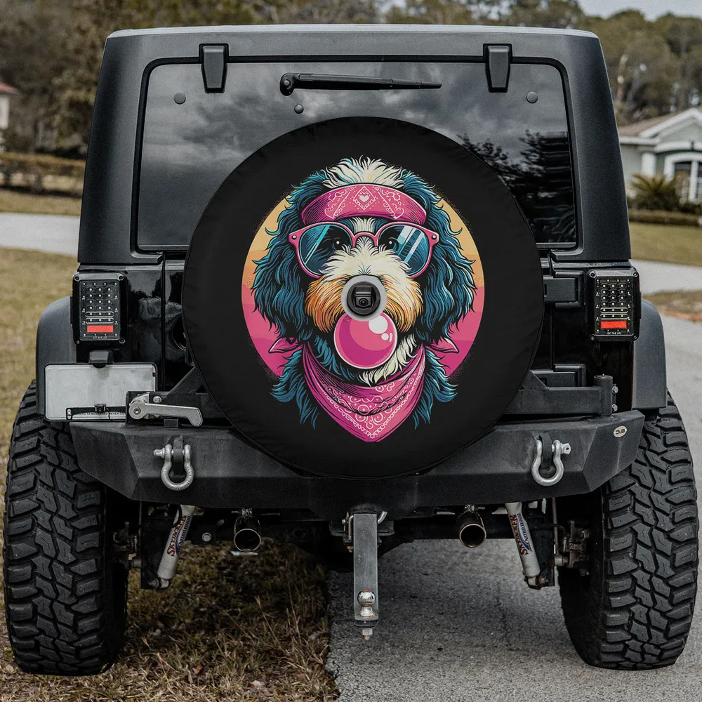 Bernedoodle dog bandana sunglasses bubble gum spare tire cover with camera hole for Jeep SUV