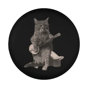 cat playing banjo guitar with top hat illustration spare tire cover design