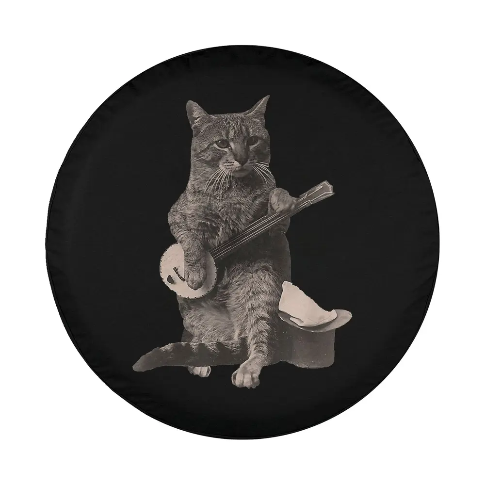 cat playing banjo guitar with top hat illustration spare tire cover design