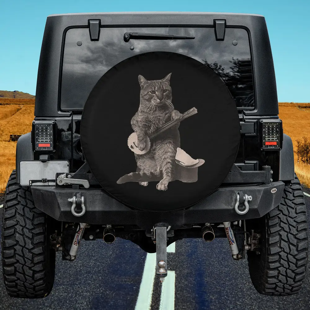 banjo guitar top hat cat spare tire cover with vintage musical cat illustration