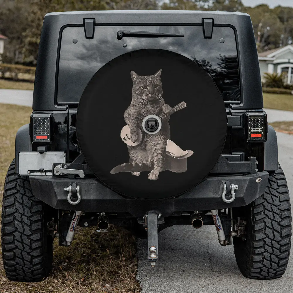 banjo guitar top hat cat spare tire cover for Jeep with backup camera hole