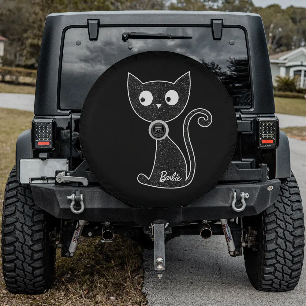 barbie glitter black cat halloween spare tire cover with backup camera hole for Jeep SUV